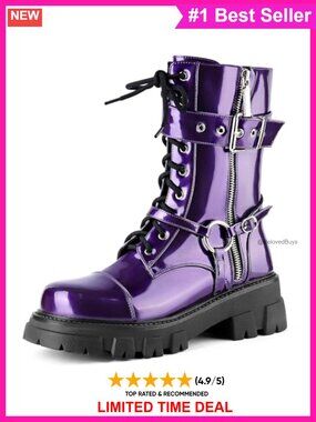 Women's Harness Moto Biker Boots Mid Calf Lug Sole Combat Boots